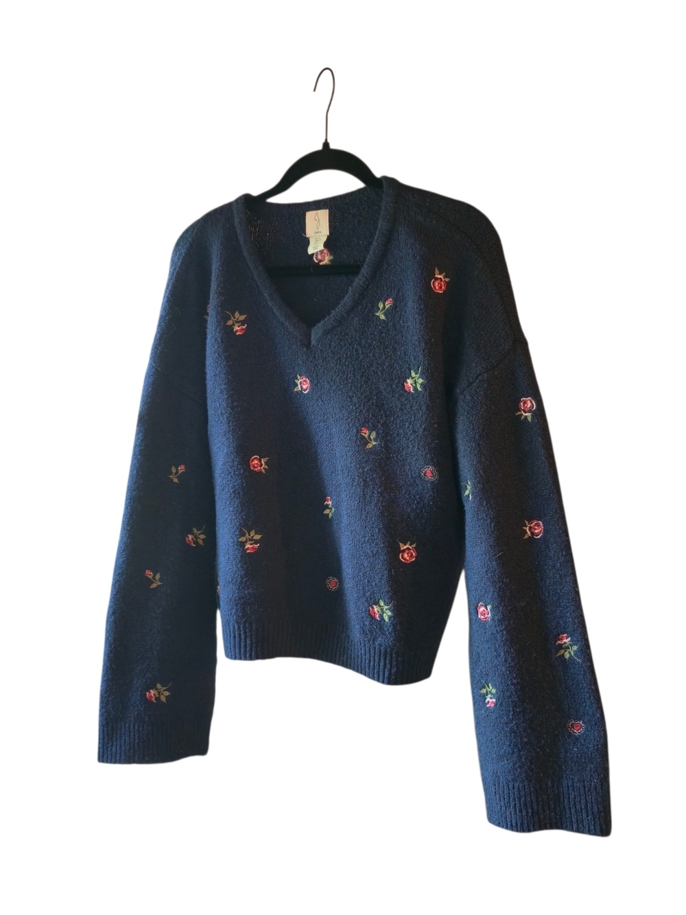 Joie Navy V-Neck Sweater with Pink & Green Floral Embroidery